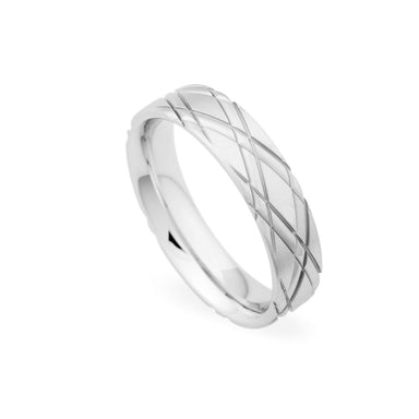 14K White Gold 5.5mm Criss Cross Grooved Brushed Band