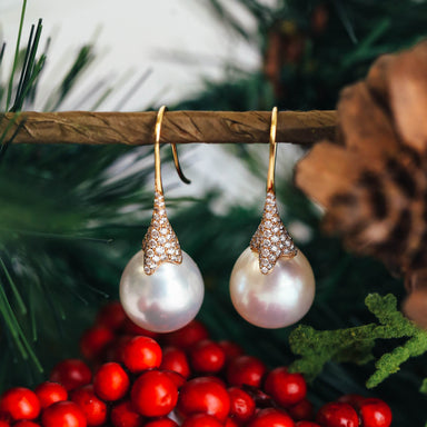 18K Pink Gold Pearl Drop Earrings with Diamonds