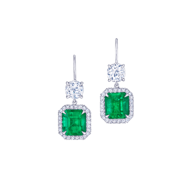Columbian Emerald Old Mine and Diamond Silhouette Drop Earrings