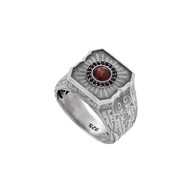 England Made Me Red Garnet & Black Sapphire Cuban Leaf Ring