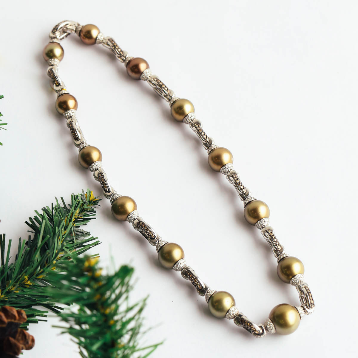 Brown Pearl Necklace with Diamond Accents