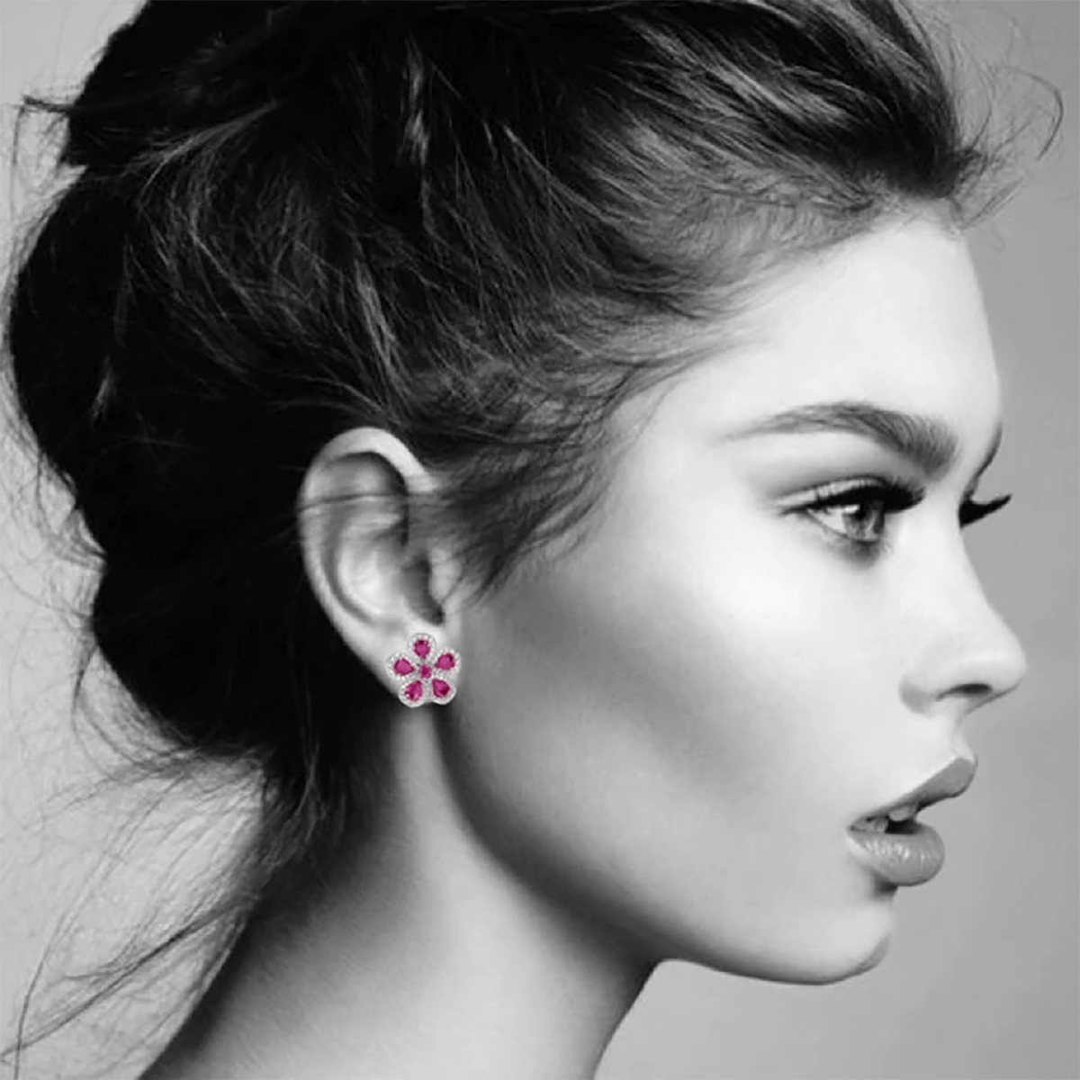 Classic Flower Earrings in Ruby with Diamond