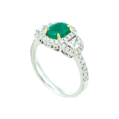 Emerald and Diamond Three-Stone Halo Ring