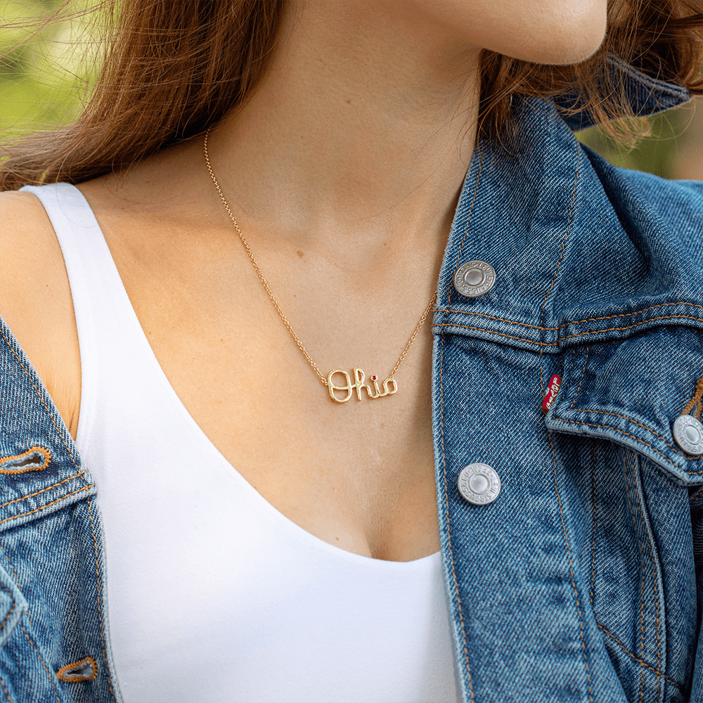 OSU Script Ohio Necklace with Ruby Accent